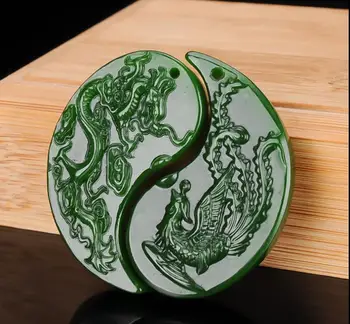 

Fine Jewelry A Pair of Lover's Xinjiang Hetian Jasper Carved Dragon and Phoenix Pendant Free Shipping