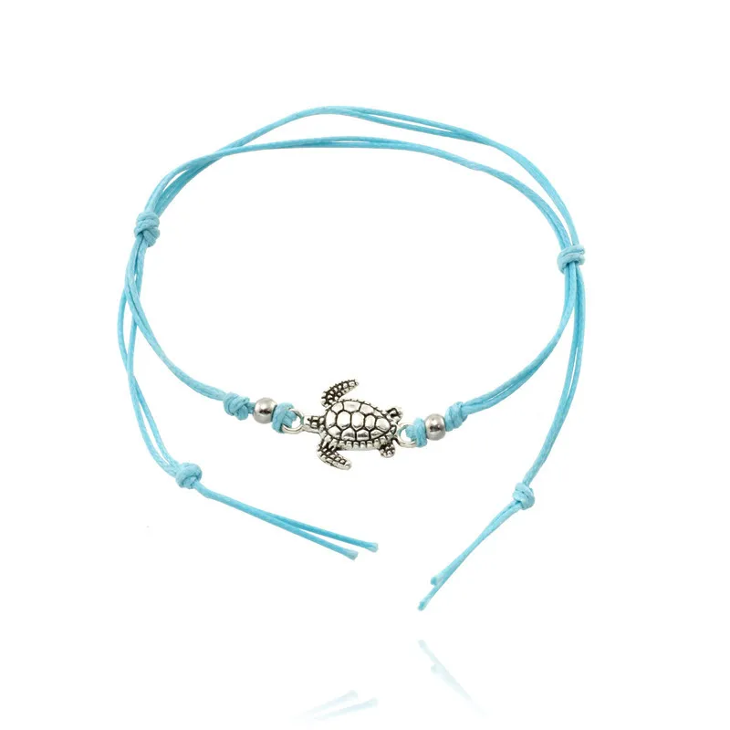 

Fashion Vintage Silver Sea Turtle Anklet Bracelet Dual use 3 Colors Blue Black Yellow Hand Made Anklet Beach Leather Rope Anklet