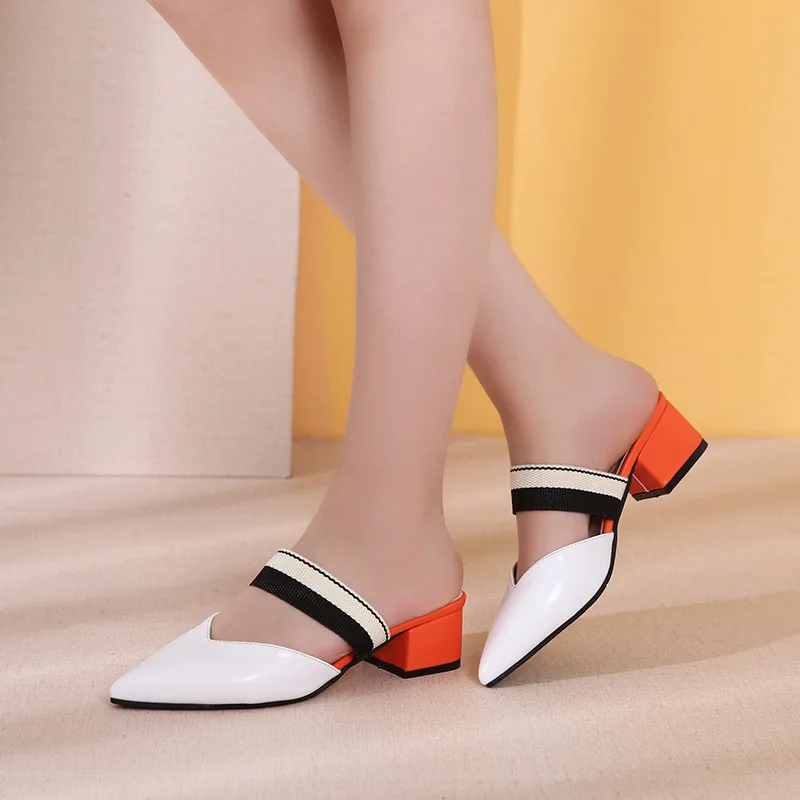 

2019 Women's Slippers Summer Flip Flops Leisure Slip On Pointed Toe Slides Square Heels Mixed Colors Casual Shoes Woman Mules