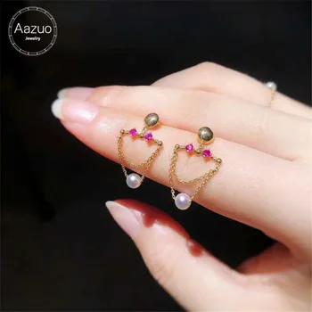 

Aazuo Real Natural Ruby Emerald Akoya Pearl 100% 18K Yellow Gold Chain Drop Earrings For Woman Girls Party Au750