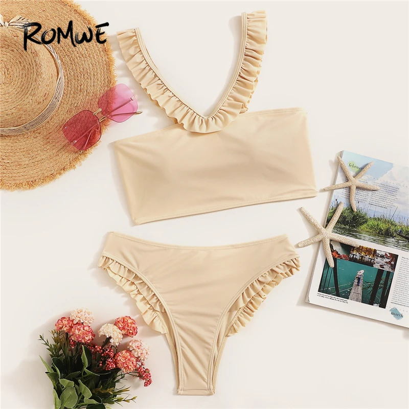 

Romwe Sport Beige Two-Pieces Suits Frill Trim Bardot Top With Panty Bikini Set Women Summer Off the Shoulder Beach Swimsuit