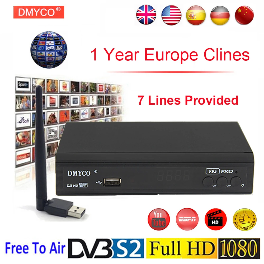 

1 Year 7 Cable For Europe Spain V9S Pro DVB-S2 Satellite Receiver Youtube 1080P HD FTA LNB Tuner Satellite TV Decoder +USB WIFI