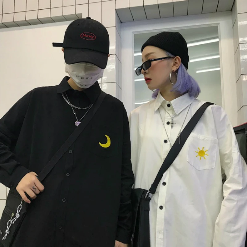 

Harajuku Fashion Weather Embroidery Long Sleeve Men and Women Shirts Casual Loose Couple Shirts Summer Cotton Streetwear Shirts