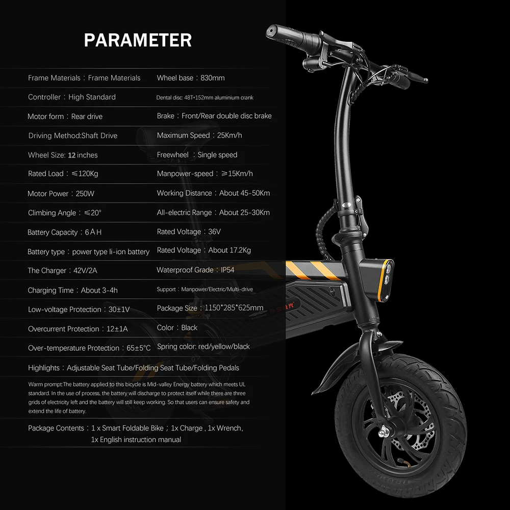Top 12 Inch Folding E-Bike Power Assist Eletric Bicycle  250W Motor and Dual Disc Brakes With head&tail Light , collapsible design 6