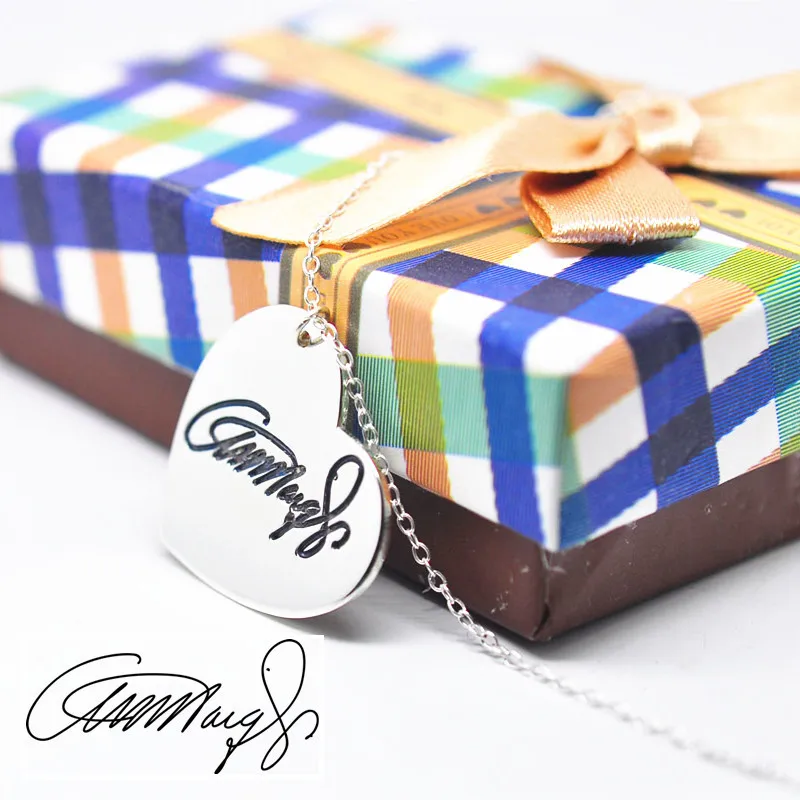 

Personalized Engraved Signature Necklace Solid Silver Heart Charm Hand Stamp Name Custom Memory Jewelry