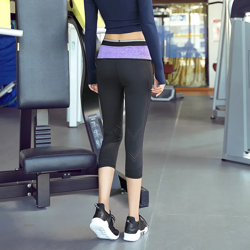 

Contrast Waistband Zip Pocket Yoga Capri Pants High Waist Power Hold Fitness Running Sports 4 Way Stretch Yoga Capris Leggings