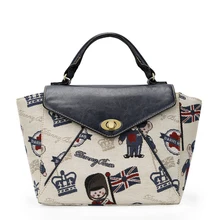 Vintage Jacquard Women Bears Embroidered Handbag Stylish Printing Flap Hand Bag Lady PU&Fabric Splicing Beige Black Shoulder Bag