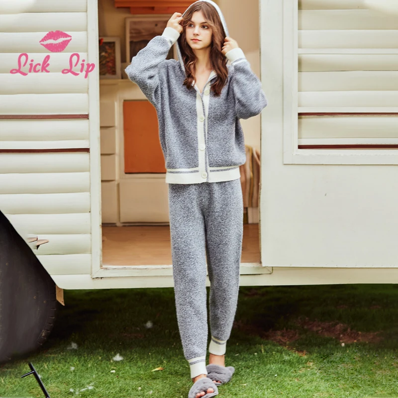 Женский пижамный комплект с капюшоном Lick Lip осенний синий ветрозащитный для
