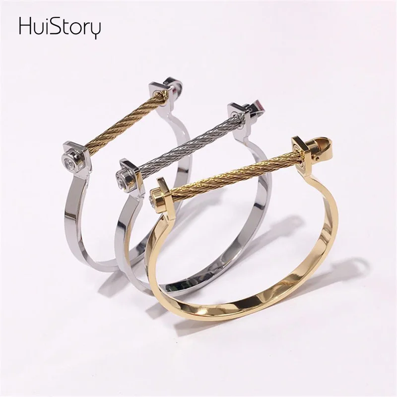 

HUISTORY New High Quality One Word Wire Bolt Horseshoe Bracelet Stainless Steel Bracelet Bangle For Male