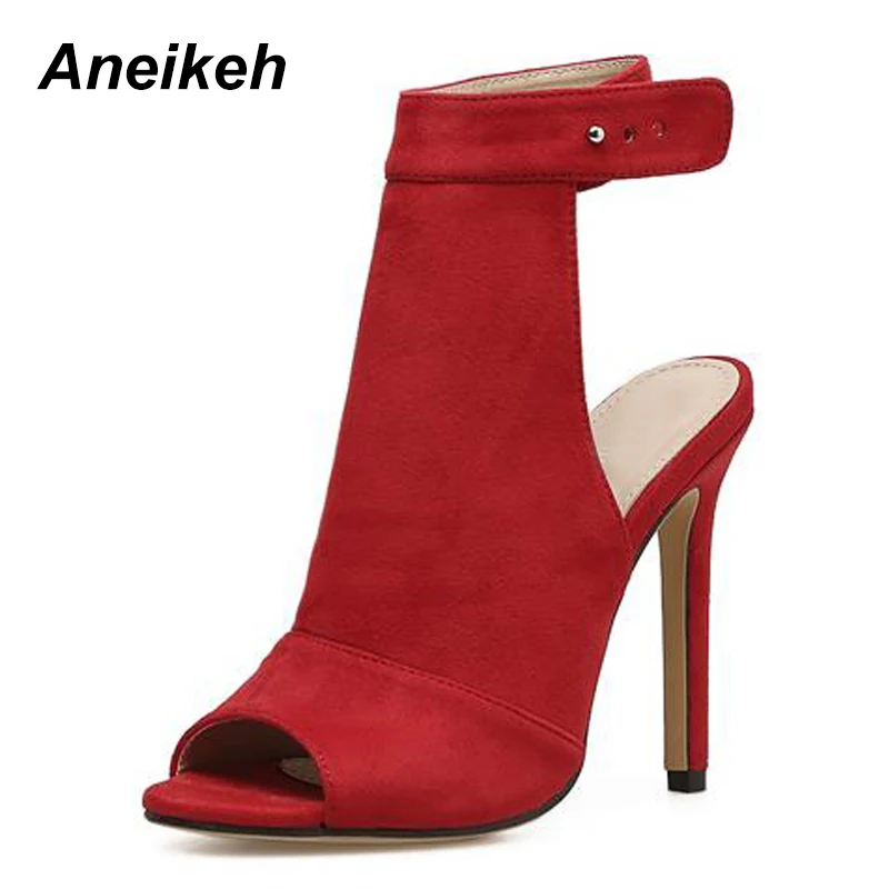 

Aneikeh 2018 Fashion Summer Sandals Women's Zipper Stiletto High Heel Peep Toes Thin Heels Faux Suede Red Gladiator Shoes 999-10