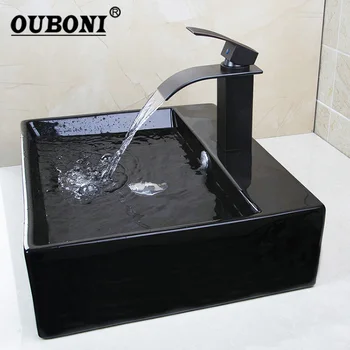 

OUBONI Matte Black Bathroom Sink Black Ceramic Washbasin Oil Bronze Basin Brass Faucet Bath Combine Brass Set Faucet Mixer Tap