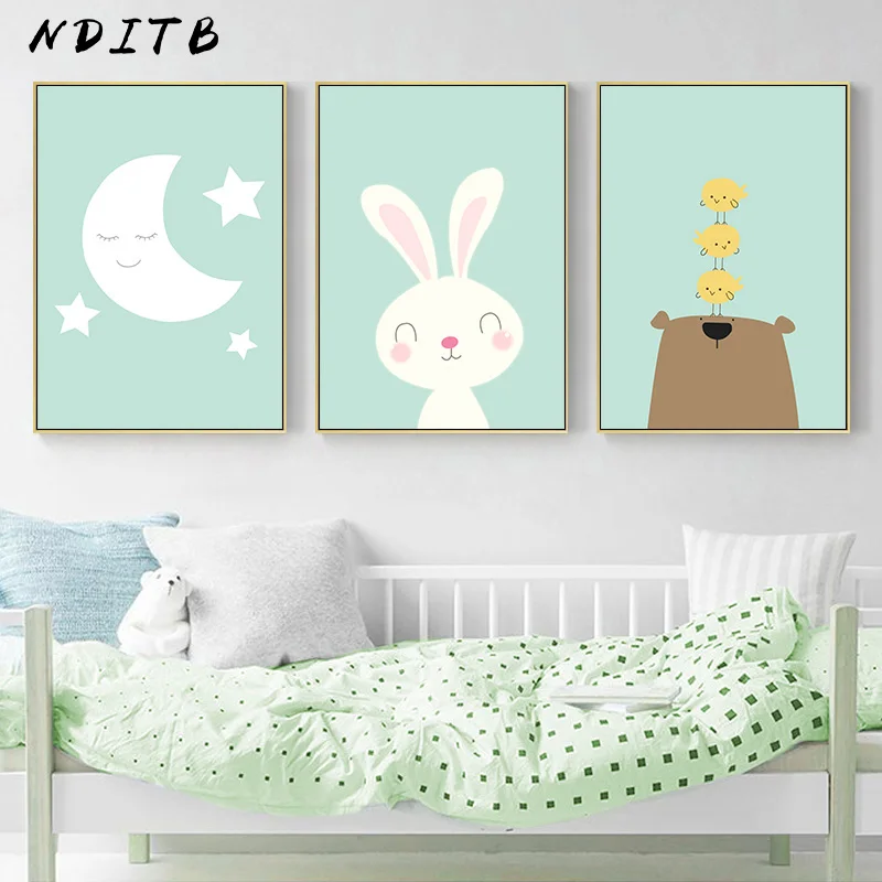 

Moon Baby Nursery Wall Art Canvas Painting Rabbit Bear Cartoon Animal Posters and Prints Pictures Nordic Kids Room Decoration