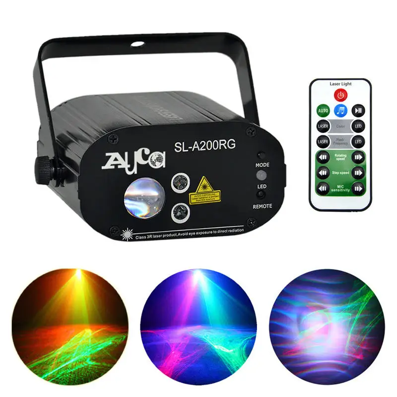 AUCD Mini Portable Remote Red Green Laser Lights& Aurora RGB LED Mix Projector Stage Lighting DJ Disco Home Party Show W-A200RG