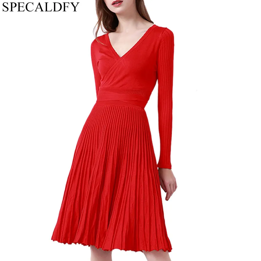 

Autumn Winter Dresses Women Long Sleeve V-Neck Knitted Dress Ladies Pleated Knit Sweater Dress Midi Robe Vestidos Verano 2018
