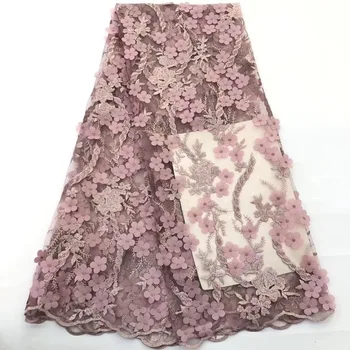 

2018 French Lace Fabric Pink Wedding High Quality African Tulle Lace Fabric 5 Yards 3D Flowers Embroidered Tulle Lace fabric