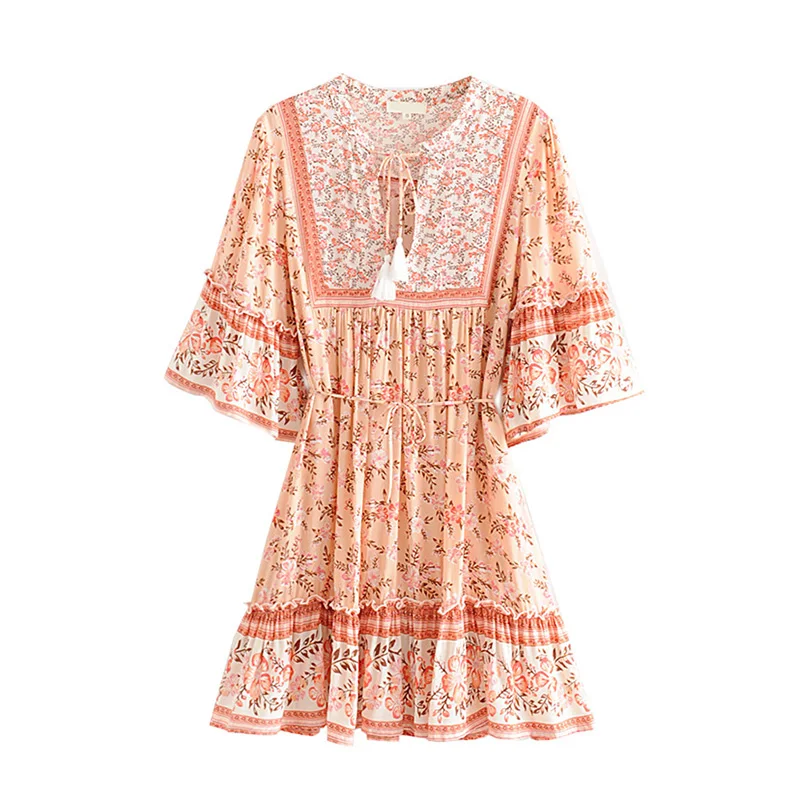 

GYPSY Boho Chic Summer Vintage Floral Print Ruffled Mini Dress Women Fashion V Neck Lace Up Tassel Beach Dresses Vestidos Mujer