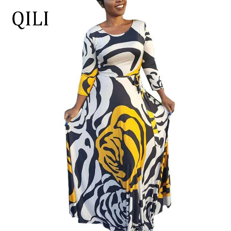 

QILI Women Vintage Print Dress O Neck Wrist Sleeve Loose Dresses Spring Autumn Casual Long Maxi Dress Vestidos Female