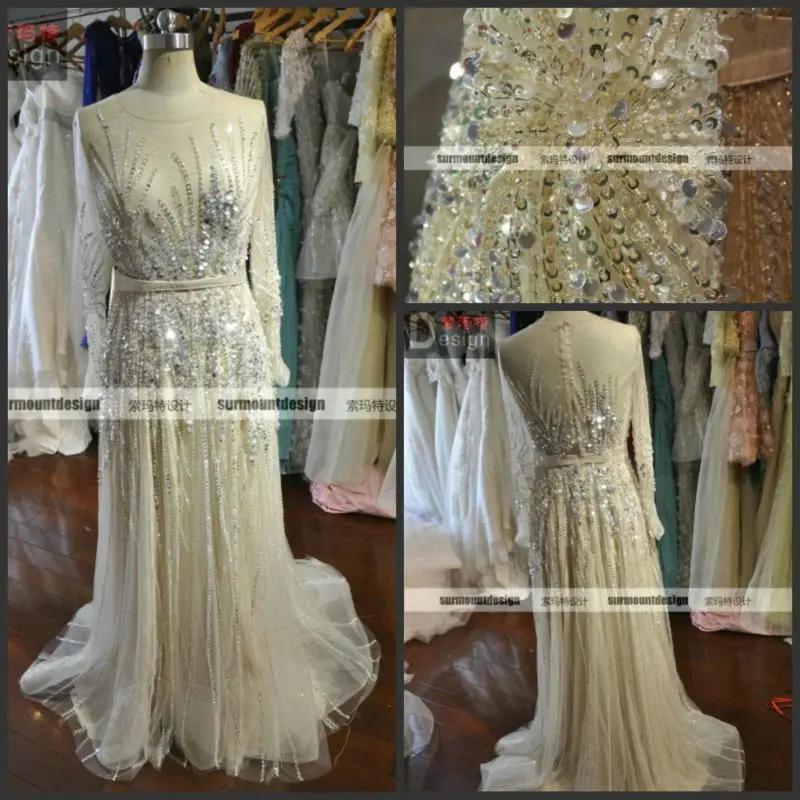 Surmount Real Sample Zuhair Murad Full Crystals SequinLong Sleeves Champange Luxious Deads Design Evening Dresses For Sale | Свадьбы и