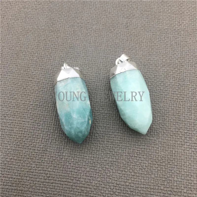 MY0326 Nature Stone Amazonite Faceted Point Nail Pendant with Silver Cap and Bail,Petite Crystal Pillar Necklace Pendant (1)
