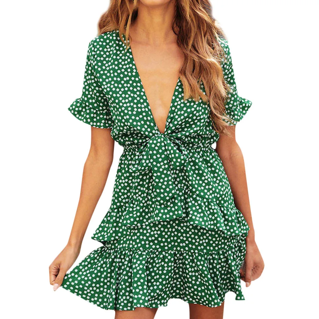 

Fashion 2019 Women Beach Dress Female Ruffle Printed V-Collar Bandage Bodycon Evening Party Casual Short Mini Dress dropshipping