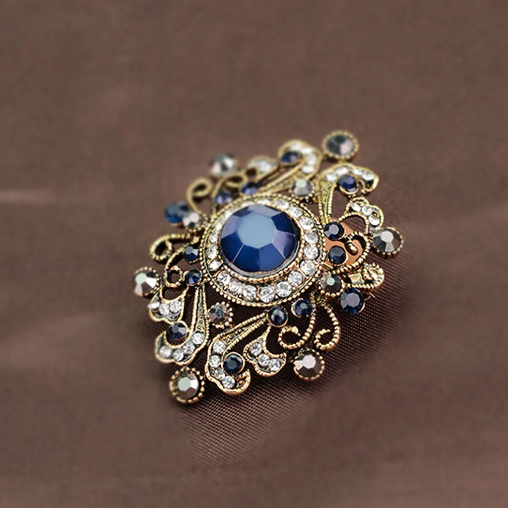 Pheovo Alloy Royal Blue Brooches Flower Rhinestone Crystals Brooch Vintage Style Broach Pins Fashion Jewelry for Women Man 