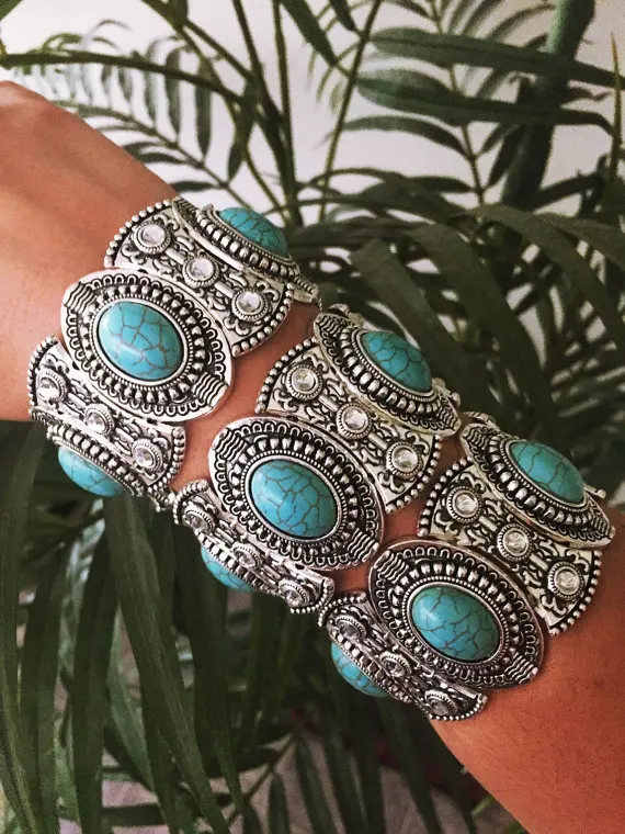 

Ethnic Tibetian Silver Blue Stone Bracelets & Bangles Wrist Cuff Elastic Bracelet Statement Jewelry Gypsy Women Boho Tribal