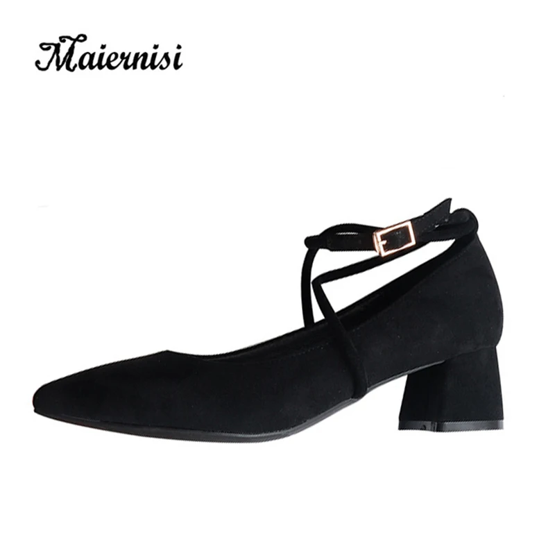 

MAIERNISI Simple Women Pumps New Flock High Heels Female Pointed Toe Thick Heels 5.5cm Daily Ladies Single Shoes Buckle Pumps
