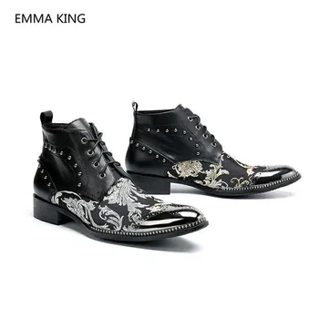 

Fashion Patchwork Men Autumn Winter Boots Pointed Toe Lace Up Embroidered Rivets Luxury Designer Shoes Leather Man Ankle Boots