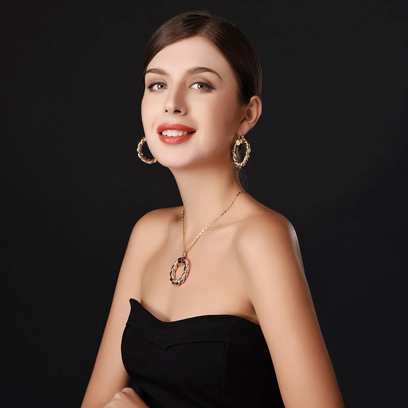 U7 Two Tone Gold Plated Pendant Necklace & Big Round Hoop Earrings Women Jewelry Sets S544