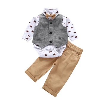 

Best Top Autumn Fashion infant clothing Baby Suit Baby Boys Clothes Gentleman Bow Tie Rompers + Vest + pants Baby Set hot