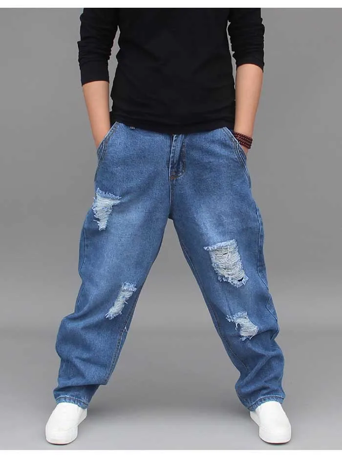 Модные джинсы мужские повседневные Хип Хоп рваные, потертые джинсы с низкой промежностью Свободные мешковатые хлопковые брюки мужская одежда