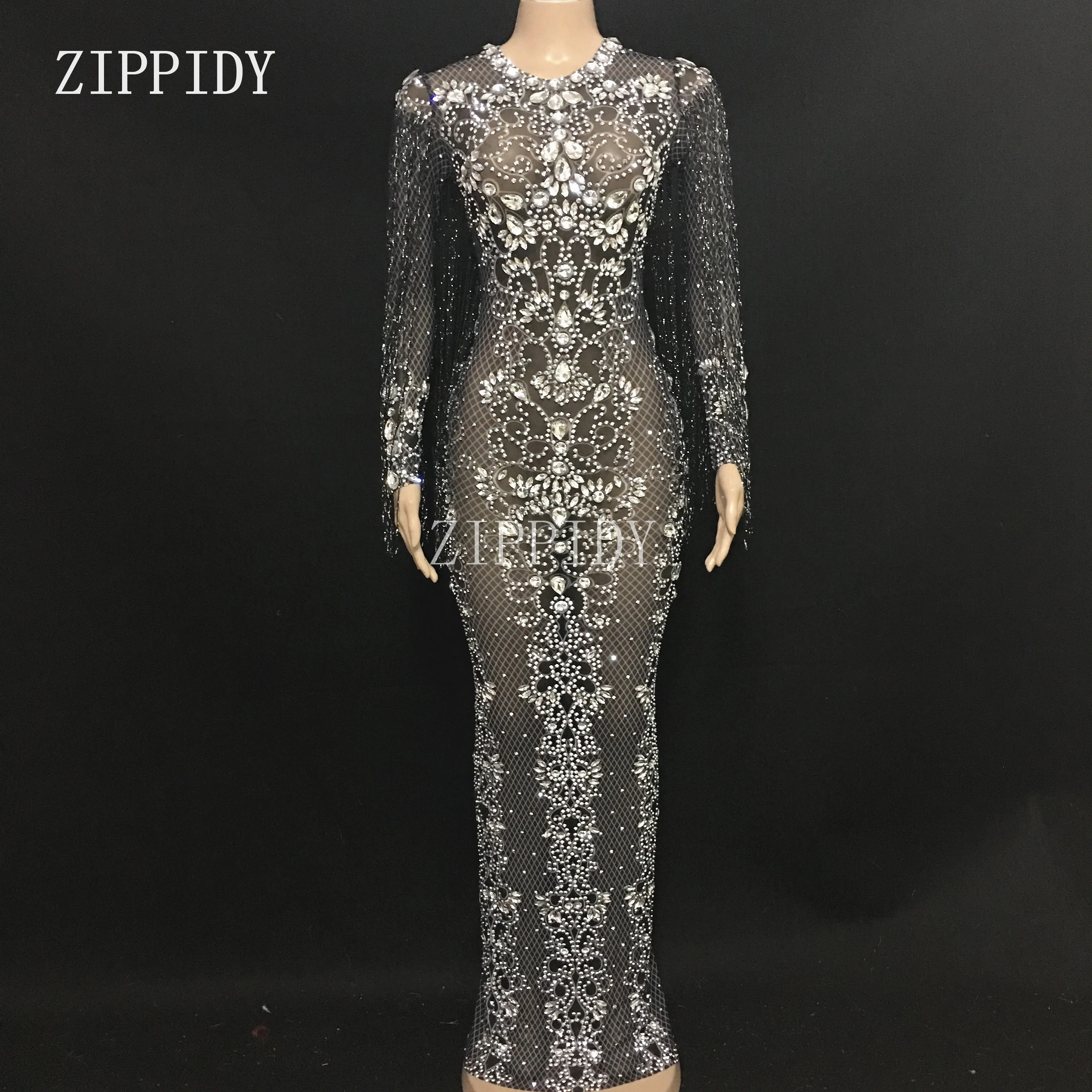 

Black Mesh See Through Crystals Long Dress Evening Party Rhinestones Dresses Birthday Tassel Costume Fringes Dress YOUDU
