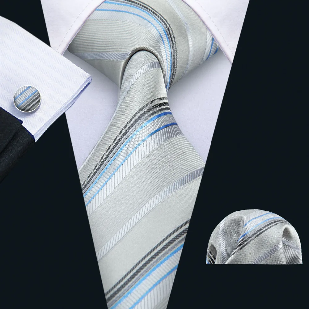 

2018 Men Tie With Handkerchief Cufflinks Set Neckties and Hanky Set For Men Casual Gray Striped Ties For Wedding Groom FA-5016