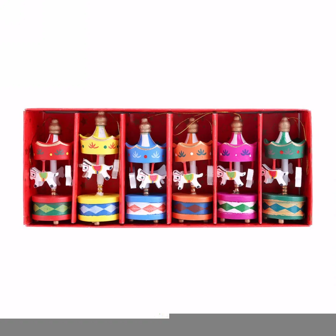 JX-LCLYL 6Pcs Wooden Carousel Horse Ornament Merry-Go-Round Christmas Bedroom Decor New