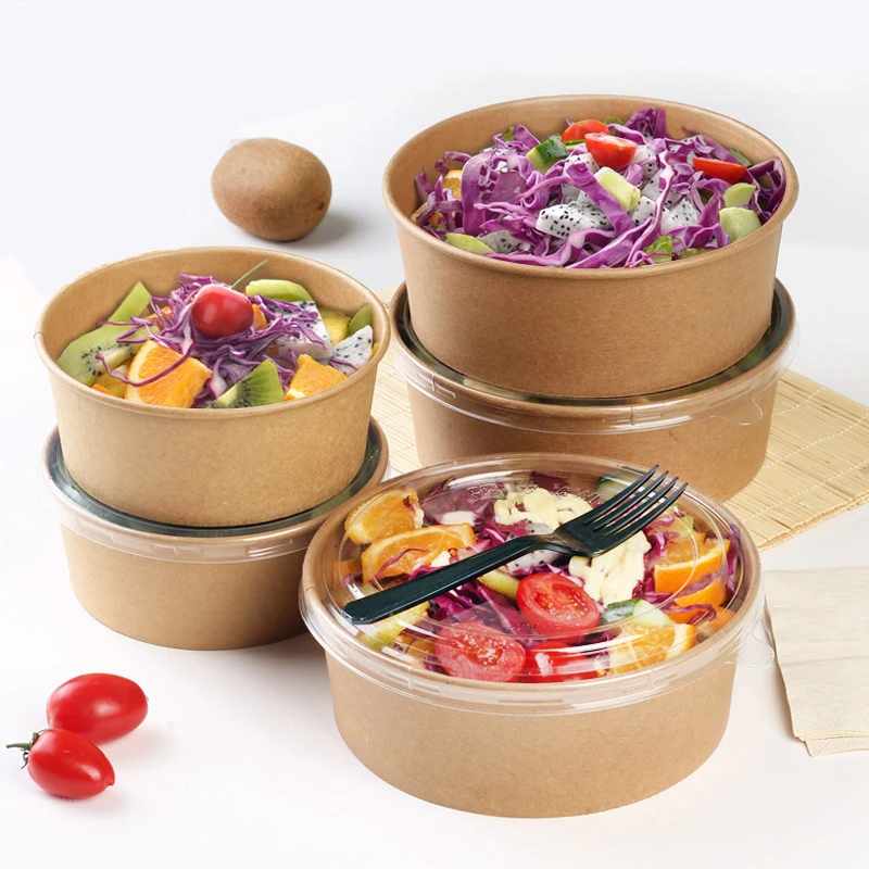 Food Grade Disposable Kraft Paper Salad Packing Box Takeout Food Salad Box  Breakfast Fast Food Tray With Lid Take-away Tray