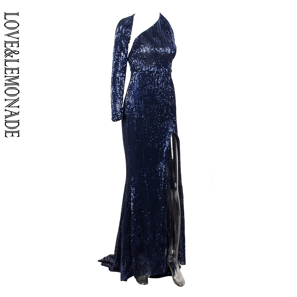 Love& Lemonade, сексуальное, с открытой спиной, с одним рукавом, облегающее, эластичное, с блестками, ткань, облегающее, для выхода, длинное платье, LM81333-2, темно-синее