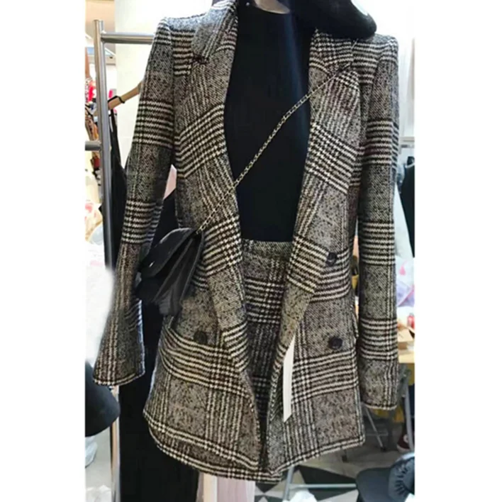 

2019 New Autumn Winter College Wind Women's Plaid Suit Blazer Coat + Short A-line Skirt Two Pieces Student Leisure Skirt Suit