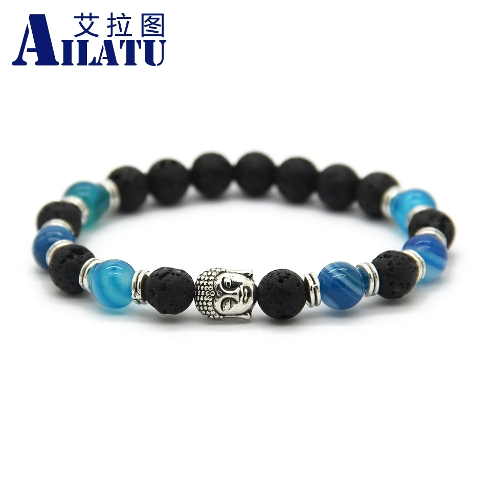 

Ailatu 8mm Blue Onyx Stone Beads Men Buddhist Religious Buddha Energy Yoga Bracelet