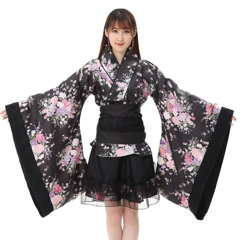 

Japaness-style A-line Empire Mini Dress Women Festival Cosplay Lolita Japan Kimono Floral Maid Bow Top Set High Quality Guarante