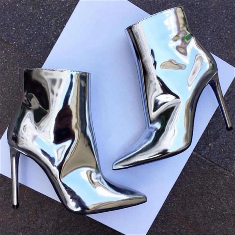 

Fashion Mirror Leather Women Ankle Boots Luxury Brand Pointed Toe Stiletto High Heels Pumps Street Style Party Dress Shoes Woman