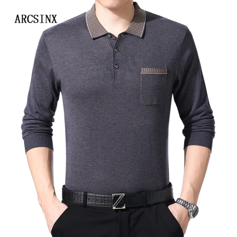 

ARCSINX Long Sleeve Polo Man Knitted Solid Color Polo Shirt Men England Style Autumn Winter Mens Polo Shirts Turn-down Collar