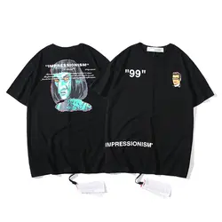 Зеленый эльф из мультфильма 19ss Off-White OW для мужчин и женщин, унисекс, модные модели влюбленных пар, хлопковая Повседневная футболка с круглым