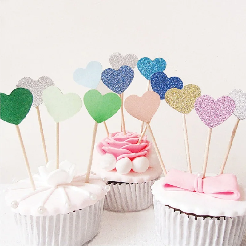 

40 pcs Multicolor Heart Shaped glittering Cupcake Cake Topper Sticker Flag for kids Shower Wedding Birthday Party Decoration