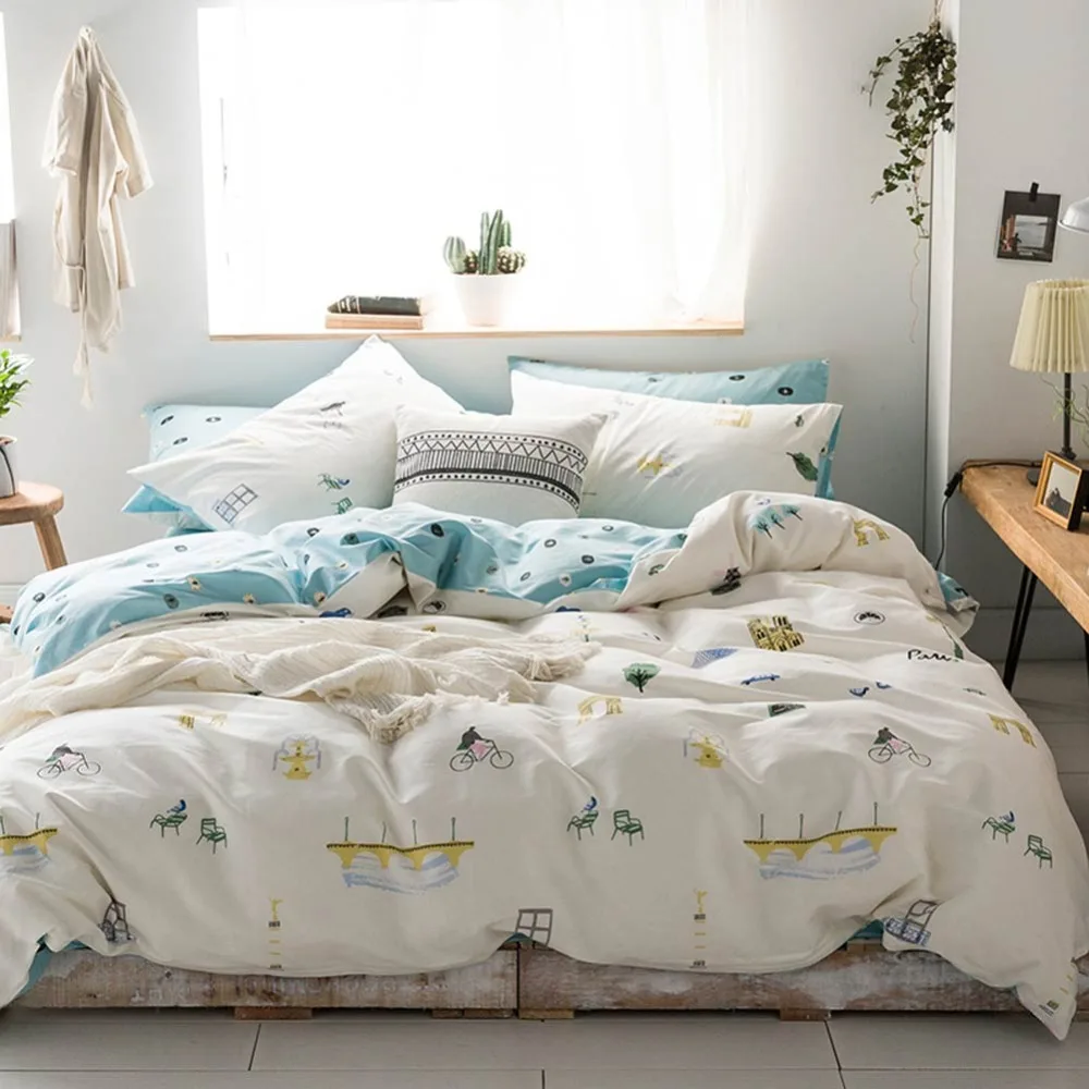 

2019 Bikes Beige Cartoon Scandinavian Soft Cotton Bedlinens 3/4pcs Bedding Set Twin Queen Customize Size Bedsheet Pillowcases