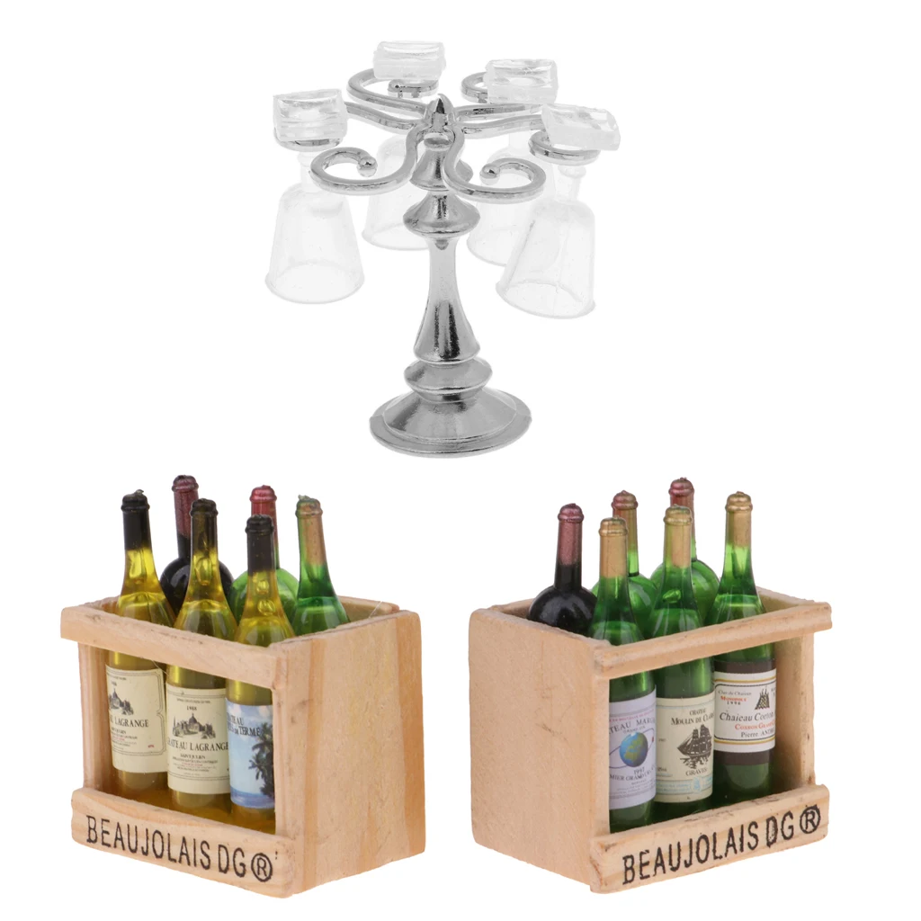 1:12 Dolls House Miniature Metal Silver Cup Rack With Goblets & Beer Drink Bottles Models For Mini Bar Pub Life Scene Ornament