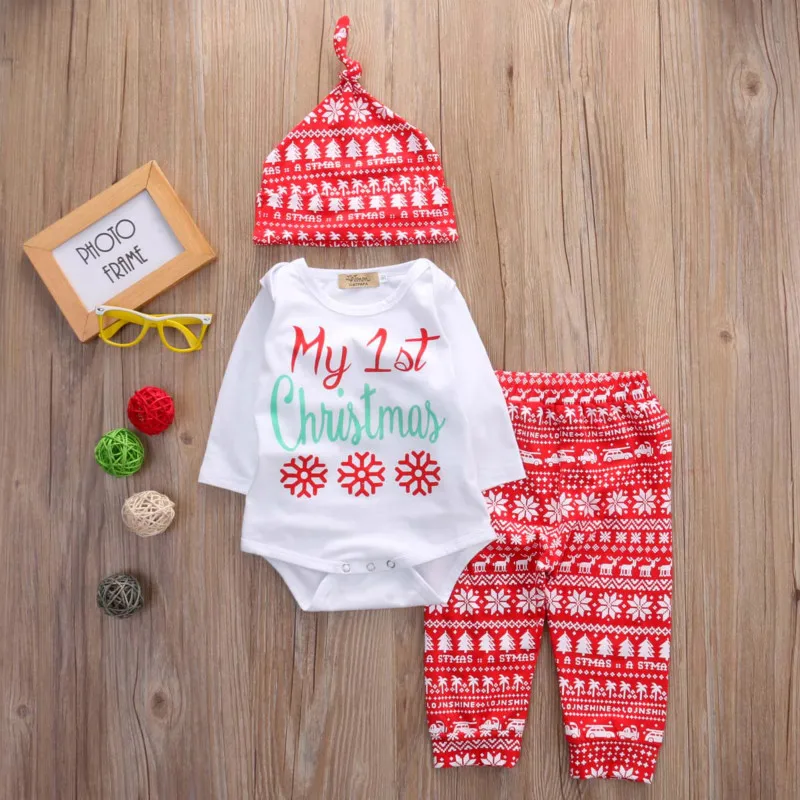 Newborn Baby Boys Girls Tops Romper Pants Hat 3PCS Outfits Set Christmas Clothes