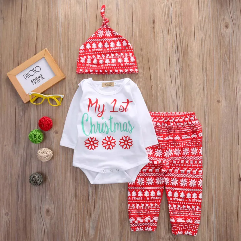 

Newborn Baby Boys Girls Tops Romper Pants Hat 3PCS Outfits Set Christmas Clothes
