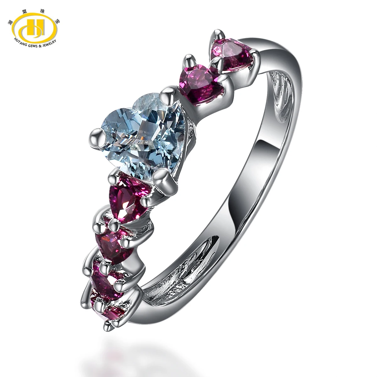

Hutang Women's Natural Aquamarine and Rhodolite Garnet GemstoneRings 925 Sterling Silver Heart Ring Wedding Fine Jewelry Gift