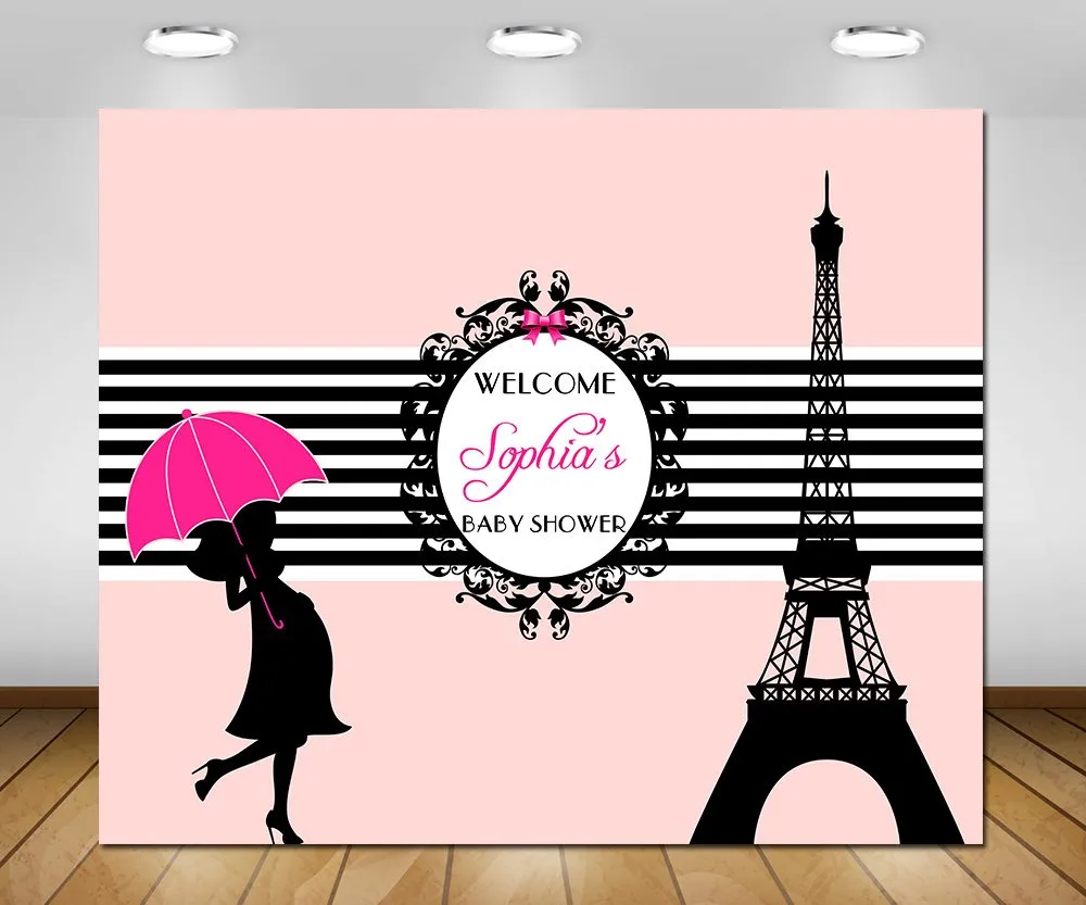 

custom pink paris themed eiffel tower black and white striped background High quality Computer print party backdrops