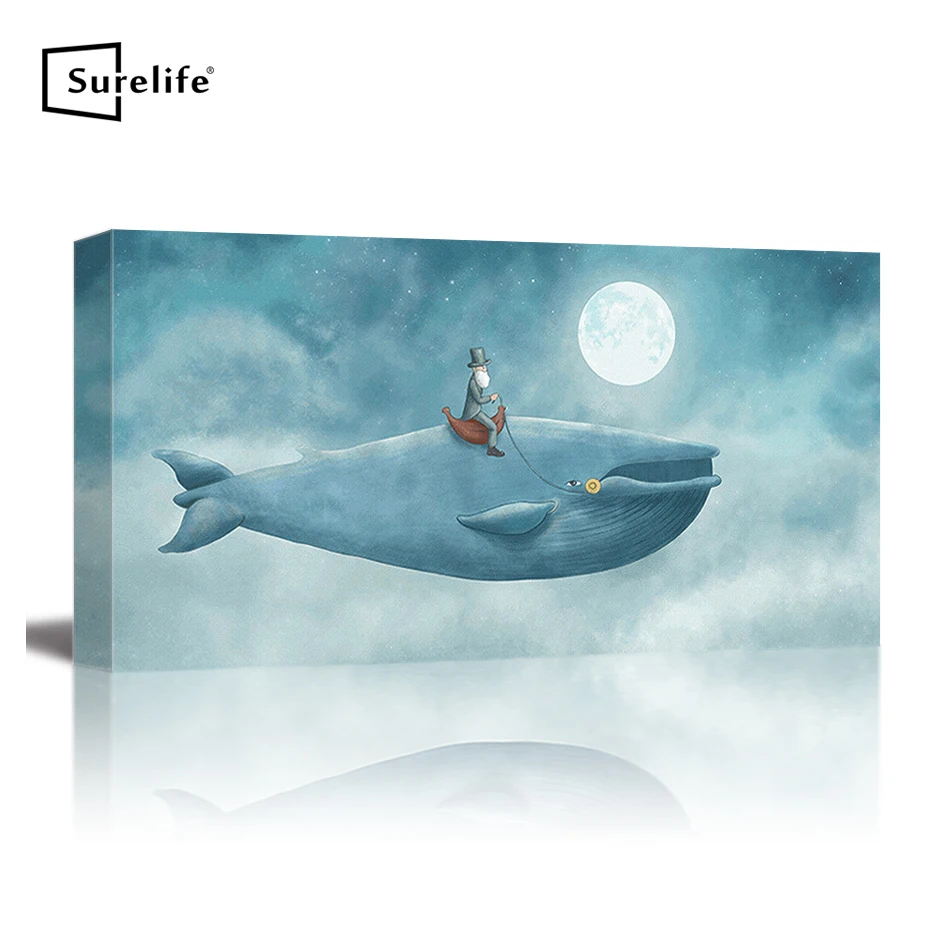 #*Cheap Blue Whale in Fly Moon Canvas Painting DIY Solid Pine Wood Frame for Pictures Stretched Poster Print Wall Art Home Decor